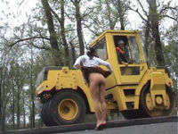 exhibitionist surrounded by road workers